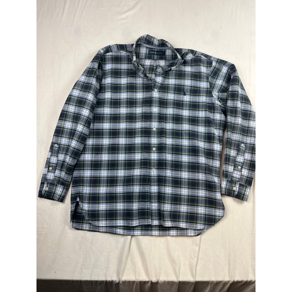 Ralph Lauren Mens Large Plaid Button Down Shirt Green Blue White Cotton 1076